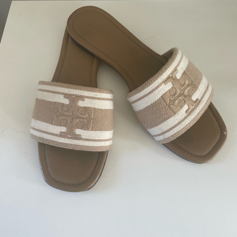 Tory Burch Tan and White Slide Sandals with Striped Strap